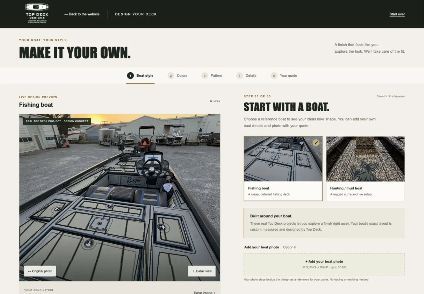 Screenshot of Top Deck’s interactive deck designer with boat selection and a live flooring preview